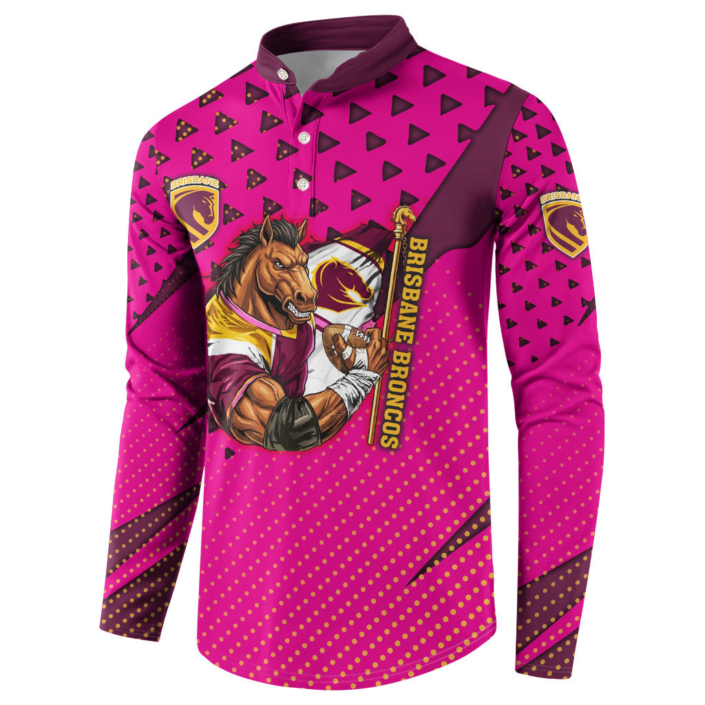 Custom Rugby Broncos Button Sweatshirt Muscular Horse Mascot With Flag In Pink