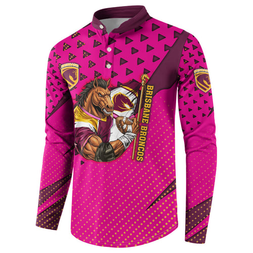 Custom Rugby Broncos Button Sweatshirt Muscular Horse Mascot With Flag In Pink