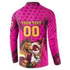 Custom Rugby Broncos Button Sweatshirt Muscular Horse Mascot With Flag In Pink