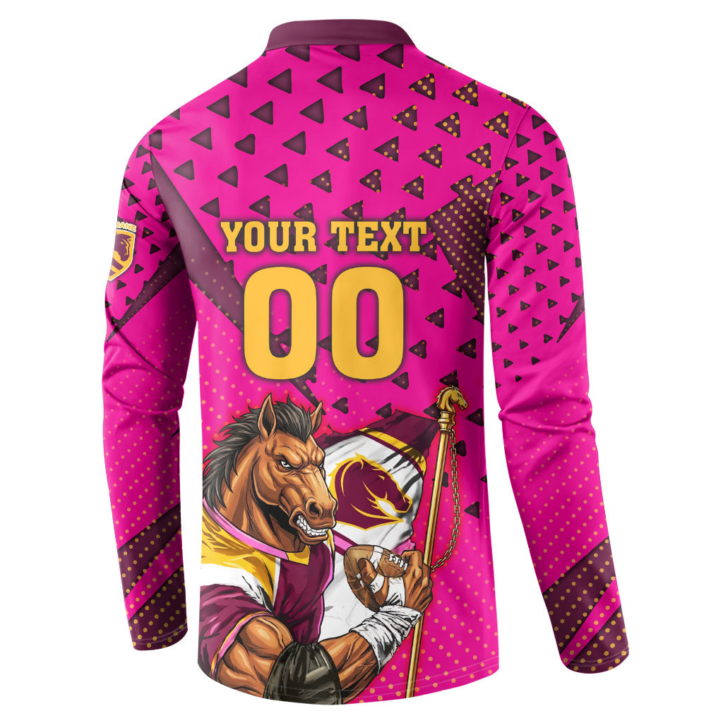 Custom Rugby Broncos Button Sweatshirt Muscular Horse Mascot With Flag In Pink