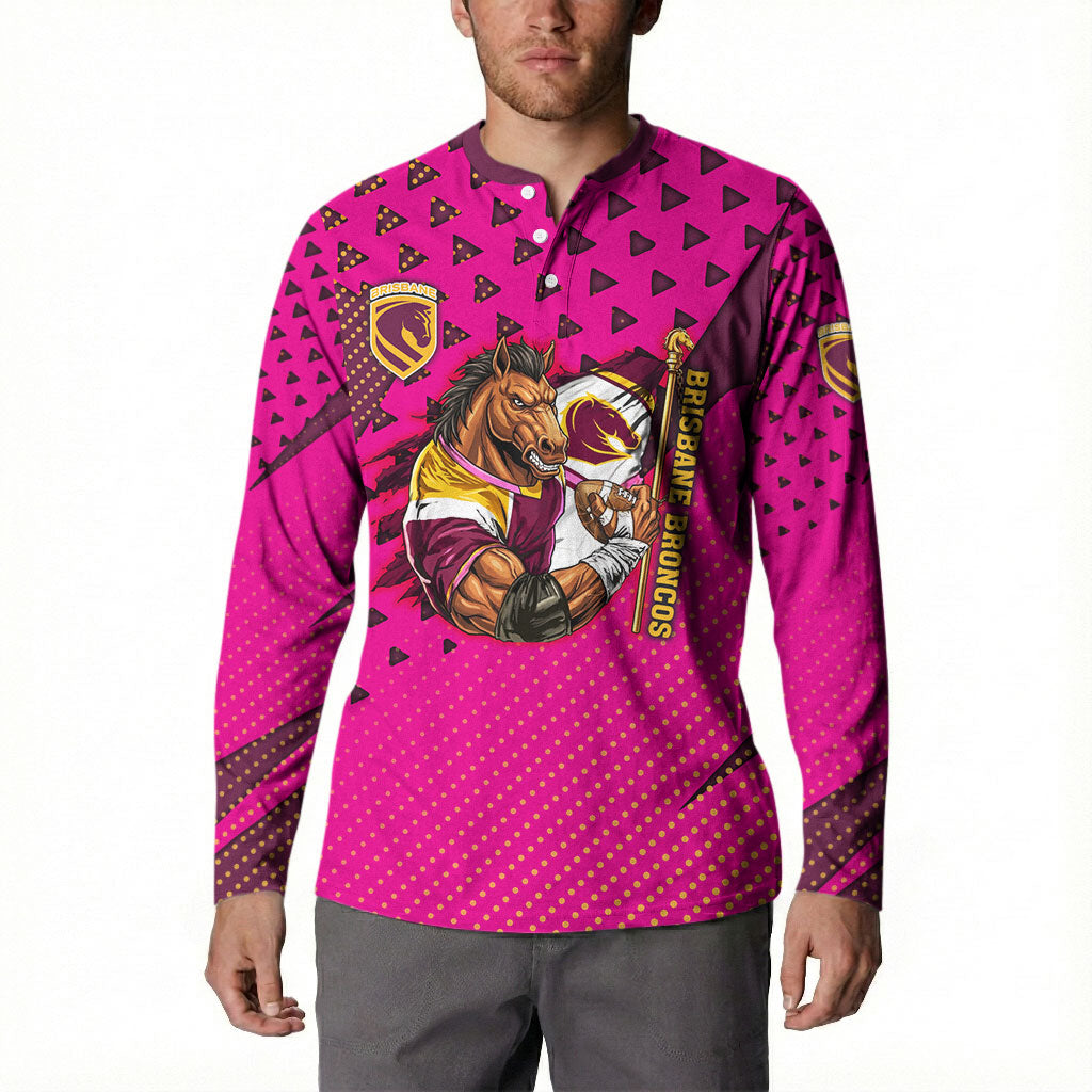 Custom Rugby Broncos Button Sweatshirt Muscular Horse Mascot With Flag In Pink