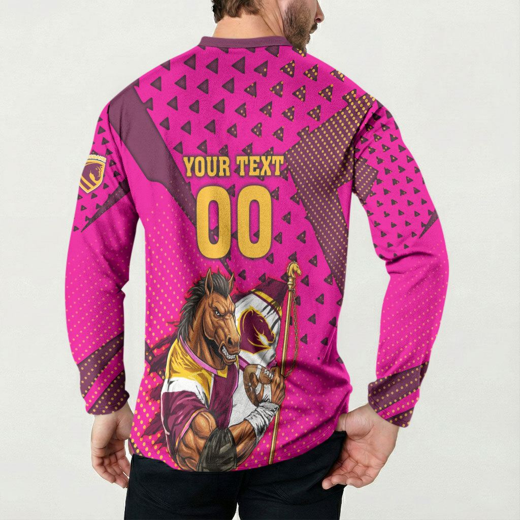 Custom Rugby Broncos Button Sweatshirt Muscular Horse Mascot With Flag In Pink