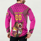 Custom Rugby Broncos Button Sweatshirt Muscular Horse Mascot With Flag In Pink