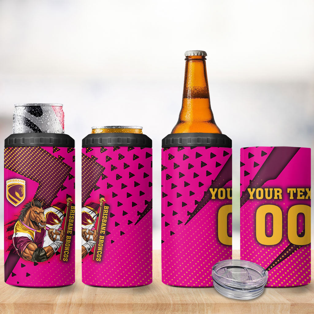 Custom Rugby Broncos 4 in 1 Can Cooler Tumbler Muscular Horse Mascot With Flag In Pink