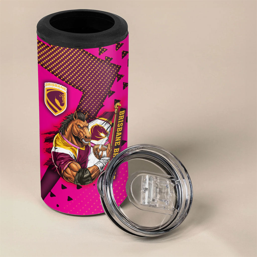 Custom Rugby Broncos 4 in 1 Can Cooler Tumbler Muscular Horse Mascot With Flag In Pink