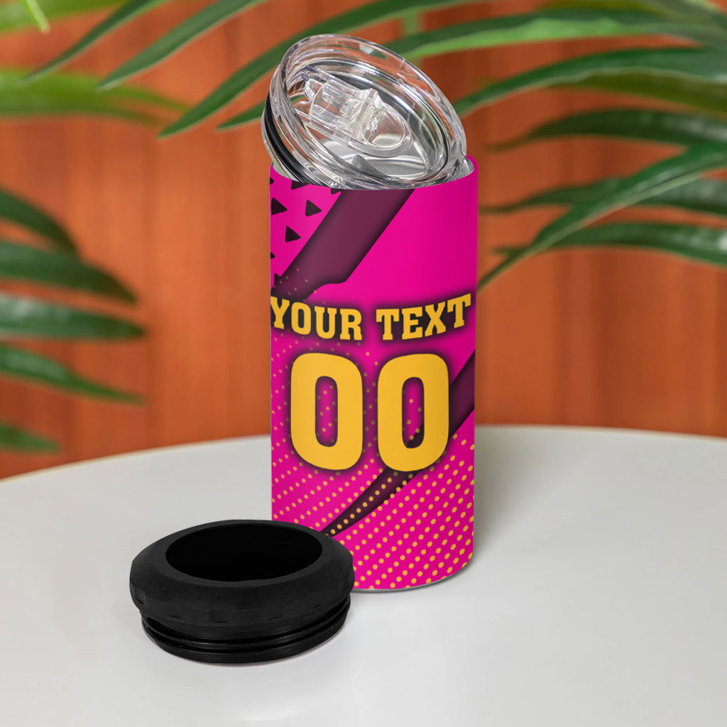 Custom Rugby Broncos 4 in 1 Can Cooler Tumbler Muscular Horse Mascot With Flag In Pink