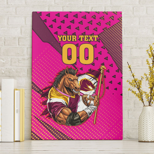 Custom Rugby Broncos Canvas Wall Art Muscular Horse Mascot With Flag In Pink