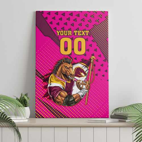 Custom Rugby Broncos Canvas Wall Art Muscular Horse Mascot With Flag In Pink
