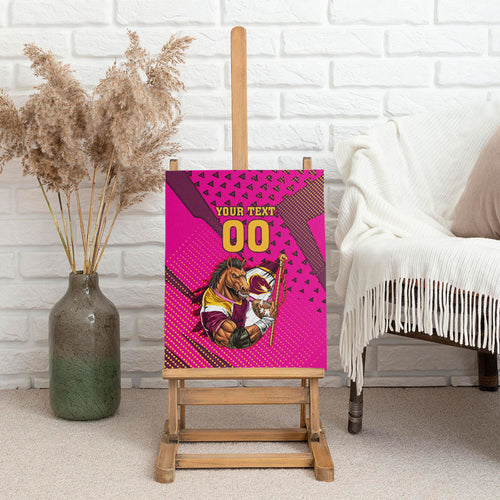 Custom Rugby Broncos Canvas Wall Art Muscular Horse Mascot With Flag In Pink