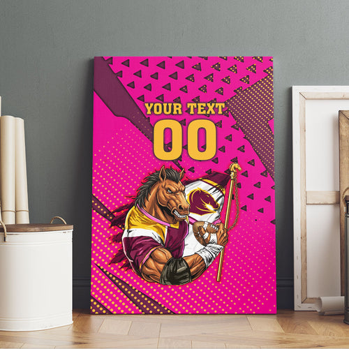 Custom Rugby Broncos Canvas Wall Art Muscular Horse Mascot With Flag In Pink