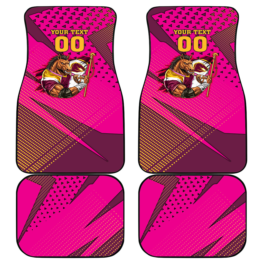 Custom Rugby Broncos Car Mats Muscular Horse Mascot With Flag In Pink
