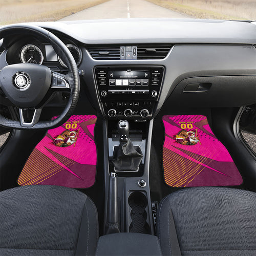 Custom Rugby Broncos Car Mats Muscular Horse Mascot With Flag In Pink