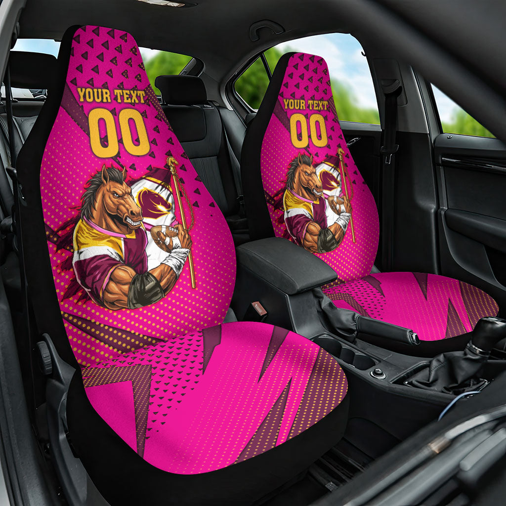 Custom Rugby Broncos Car Seat Cover Muscular Horse Mascot With Flag In Pink