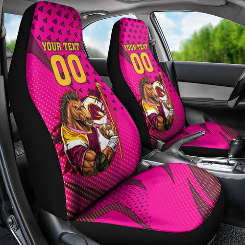 Custom Rugby Broncos Car Seat Cover Muscular Horse Mascot With Flag In Pink