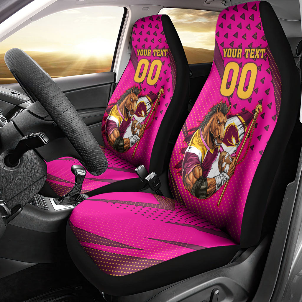 Custom Rugby Broncos Car Seat Cover Muscular Horse Mascot With Flag In Pink
