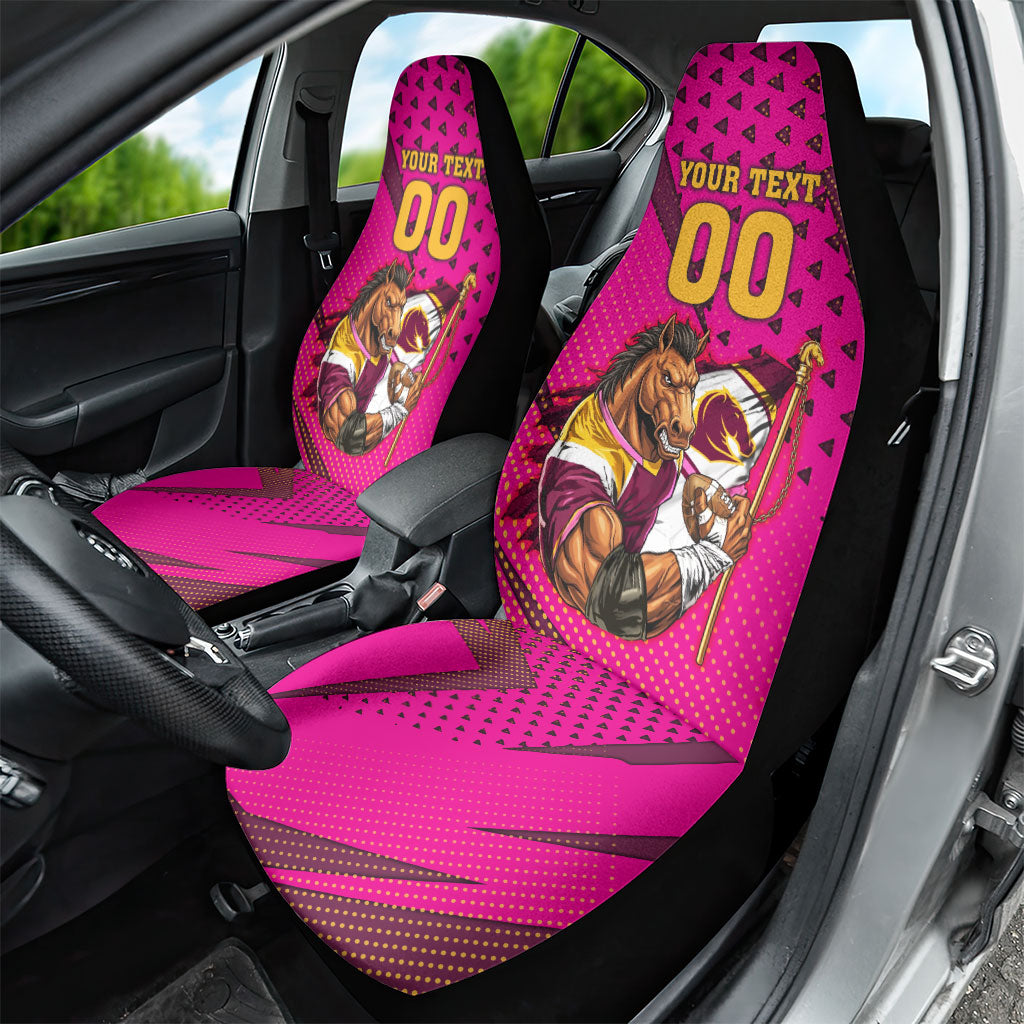 Custom Rugby Broncos Car Seat Cover Muscular Horse Mascot With Flag In Pink