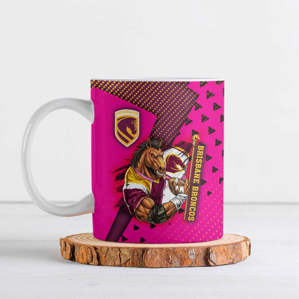 Custom Rugby Broncos Ceramic Mug Muscular Horse Mascot With Flag In Pink