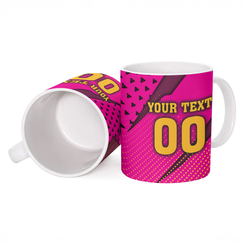Custom Rugby Broncos Ceramic Mug Muscular Horse Mascot With Flag In Pink