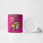 Custom Rugby Broncos Ceramic Mug Muscular Horse Mascot With Flag In Pink