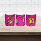Custom Rugby Broncos Ceramic Mug Muscular Horse Mascot With Flag In Pink