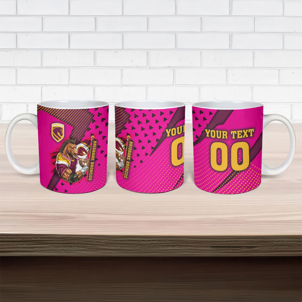 Custom Rugby Broncos Ceramic Mug Muscular Horse Mascot With Flag In Pink