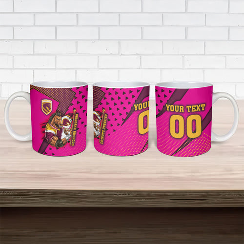 Custom Rugby Broncos Ceramic Mug Muscular Horse Mascot With Flag In Pink
