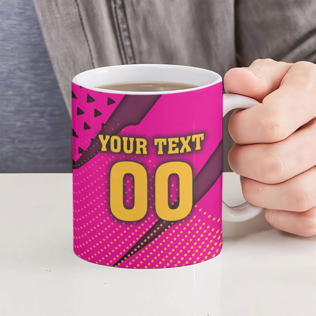 Custom Rugby Broncos Ceramic Mug Muscular Horse Mascot With Flag In Pink