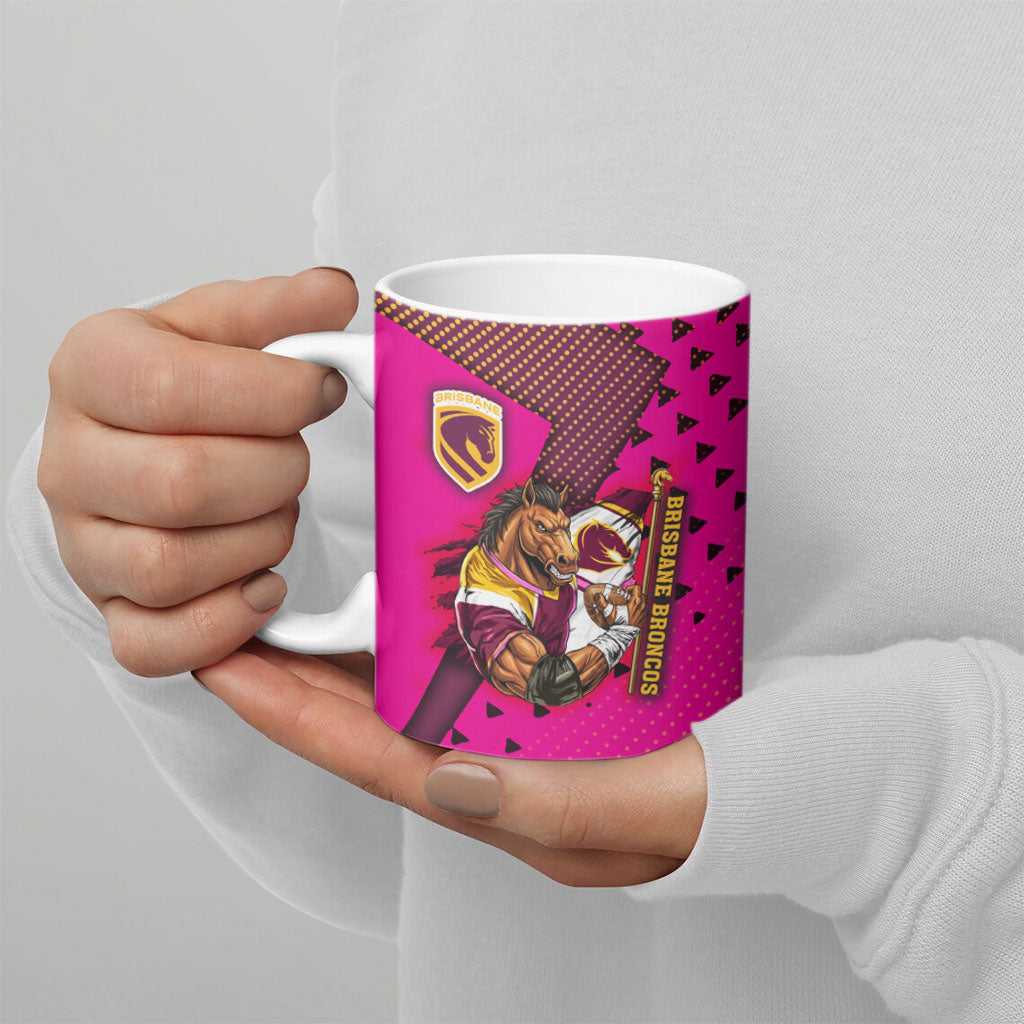 Custom Rugby Broncos Ceramic Mug Muscular Horse Mascot With Flag In Pink