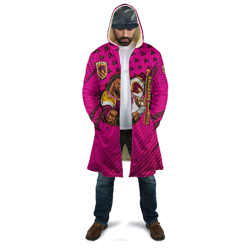 Custom Rugby Broncos Cloak Muscular Horse Mascot With Flag In Pink