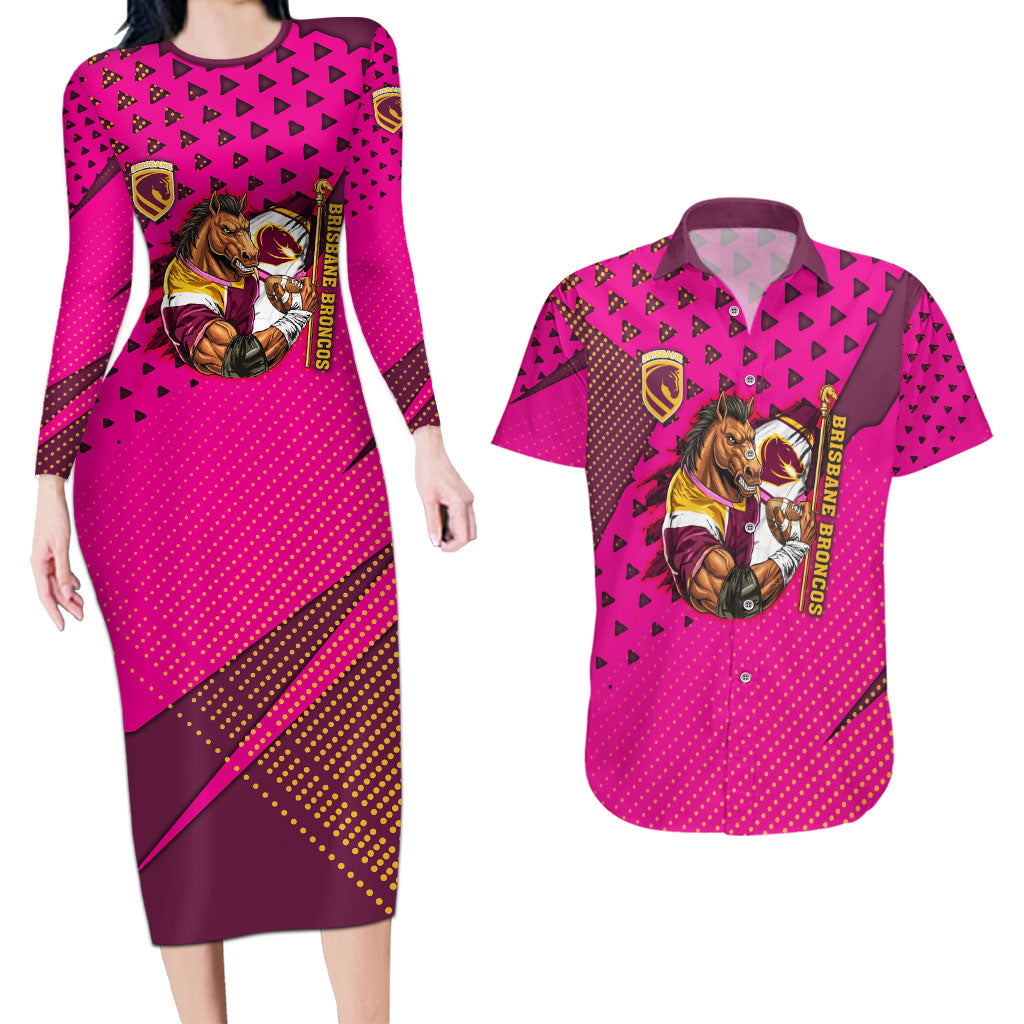 Custom Rugby Broncos Couples Matching Long Sleeve Bodycon Dress and Hawaiian Shirt Muscular Horse Mascot With Flag In Pink