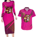 Custom Rugby Broncos Couples Matching Long Sleeve Bodycon Dress and Hawaiian Shirt Muscular Horse Mascot With Flag In Pink