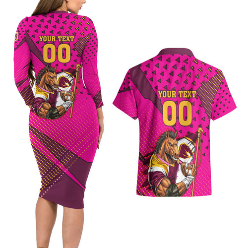Custom Rugby Broncos Couples Matching Long Sleeve Bodycon Dress and Hawaiian Shirt Muscular Horse Mascot With Flag In Pink
