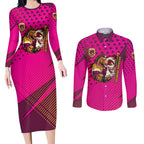 Custom Rugby Broncos Couples Matching Long Sleeve Bodycon Dress and Long Sleeve Button Shirt Muscular Horse Mascot With Flag In Pink