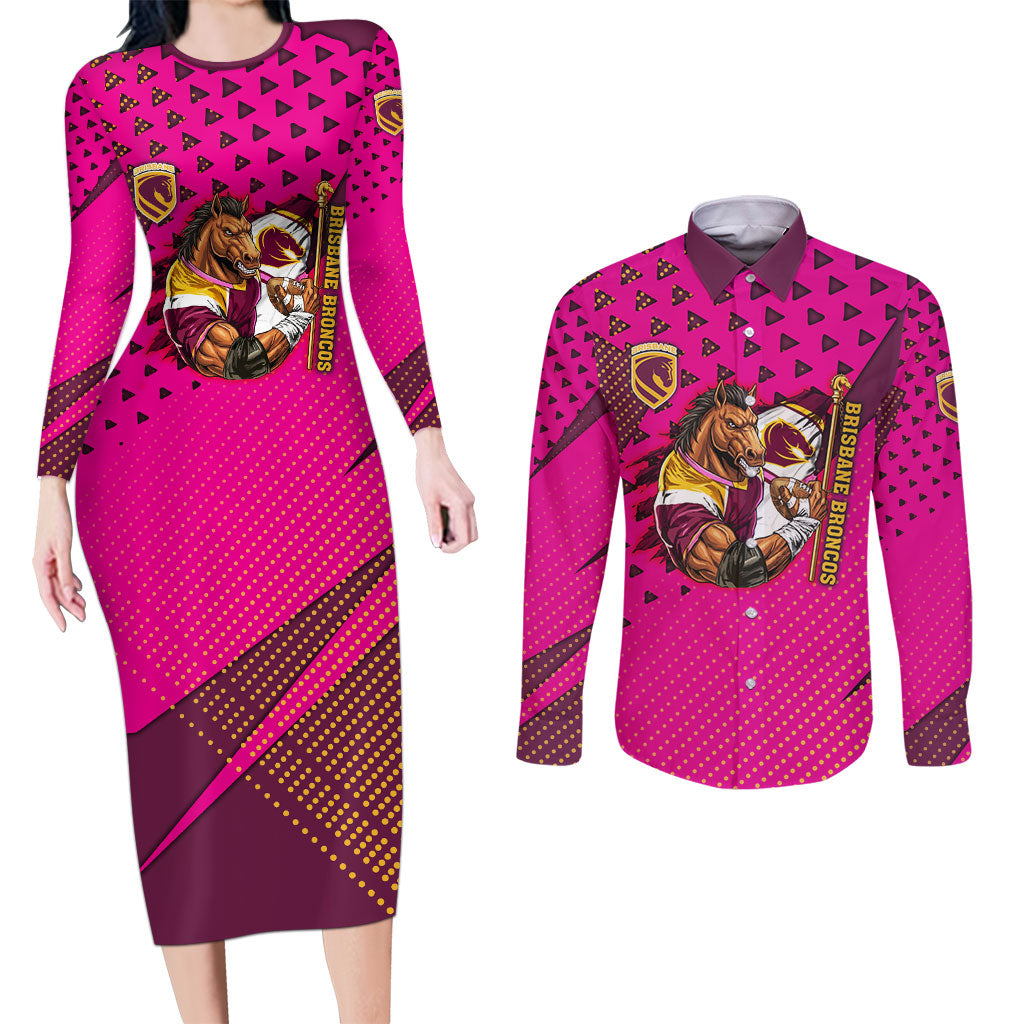 Custom Rugby Broncos Couples Matching Long Sleeve Bodycon Dress and Long Sleeve Button Shirt Muscular Horse Mascot With Flag In Pink