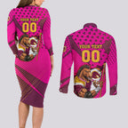 Custom Rugby Broncos Couples Matching Long Sleeve Bodycon Dress and Long Sleeve Button Shirt Muscular Horse Mascot With Flag In Pink