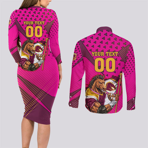 Custom Rugby Broncos Couples Matching Long Sleeve Bodycon Dress and Long Sleeve Button Shirt Muscular Horse Mascot With Flag In Pink