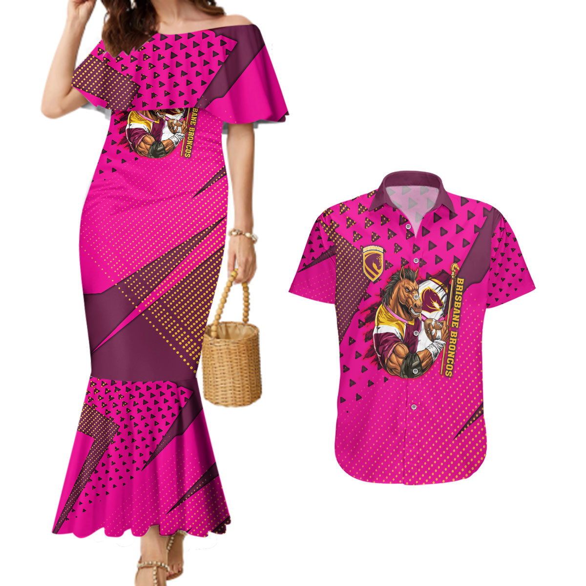 Custom Rugby Broncos Couples Matching Mermaid Dress and Hawaiian Shirt Muscular Horse Mascot With Flag In Pink