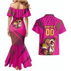 Custom Rugby Broncos Couples Matching Mermaid Dress and Hawaiian Shirt Muscular Horse Mascot With Flag In Pink