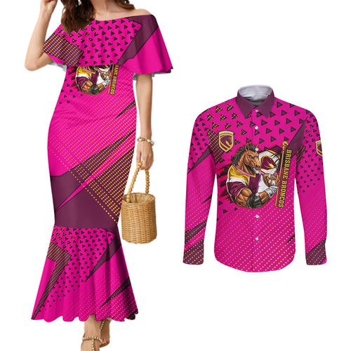Custom Rugby Broncos Couples Matching Mermaid Dress and Long Sleeve Button Shirt Muscular Horse Mascot With Flag In Pink