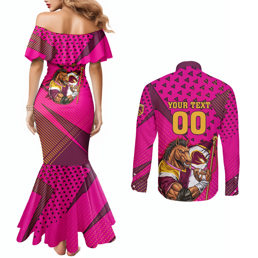 Custom Rugby Broncos Couples Matching Mermaid Dress and Long Sleeve Button Shirt Muscular Horse Mascot With Flag In Pink