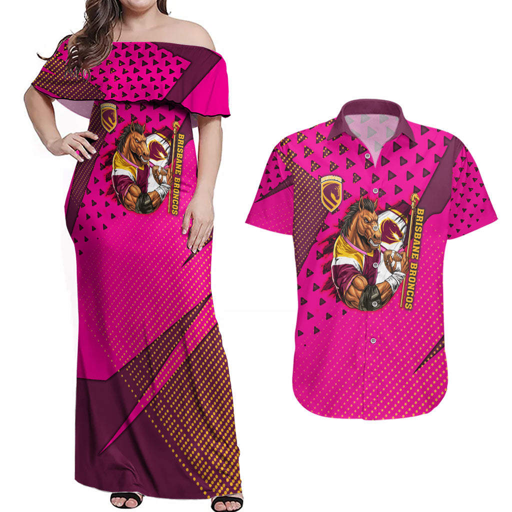 Custom Rugby Broncos Couples Matching Off Shoulder Maxi Dress and Hawaiian Shirt Muscular Horse Mascot With Flag In Pink