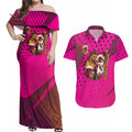 Custom Rugby Broncos Couples Matching Off Shoulder Maxi Dress and Hawaiian Shirt Muscular Horse Mascot With Flag In Pink