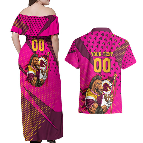 Custom Rugby Broncos Couples Matching Off Shoulder Maxi Dress and Hawaiian Shirt Muscular Horse Mascot With Flag In Pink