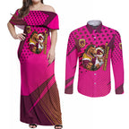 Custom Rugby Broncos Couples Matching Off Shoulder Maxi Dress and Long Sleeve Button Shirt Muscular Horse Mascot With Flag In Pink