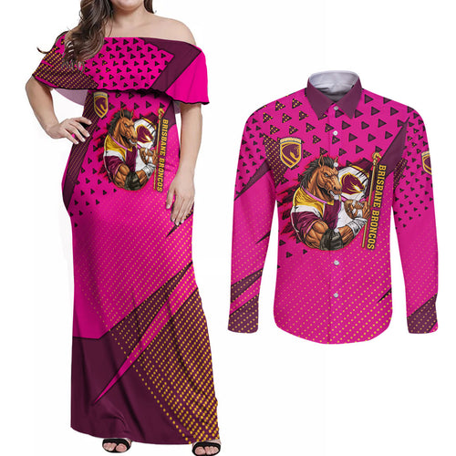 Custom Rugby Broncos Couples Matching Off Shoulder Maxi Dress and Long Sleeve Button Shirt Muscular Horse Mascot With Flag In Pink