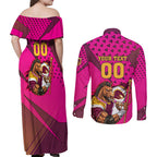 Custom Rugby Broncos Couples Matching Off Shoulder Maxi Dress and Long Sleeve Button Shirt Muscular Horse Mascot With Flag In Pink