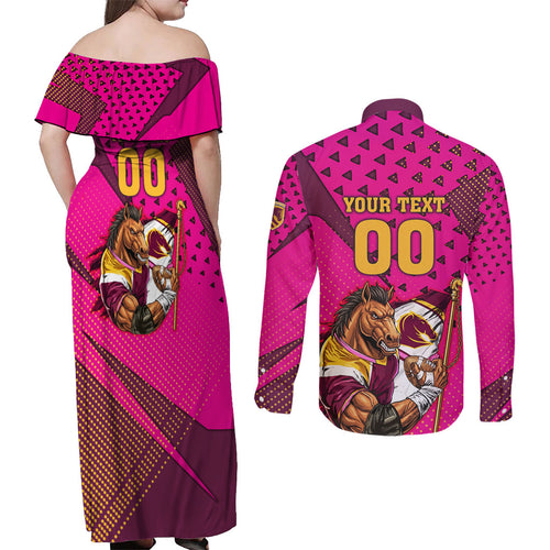 Custom Rugby Broncos Couples Matching Off Shoulder Maxi Dress and Long Sleeve Button Shirt Muscular Horse Mascot With Flag In Pink
