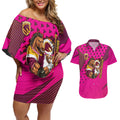 Custom Rugby Broncos Couples Matching Off Shoulder Short Dress and Hawaiian Shirt Muscular Horse Mascot With Flag In Pink