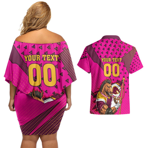 Custom Rugby Broncos Couples Matching Off Shoulder Short Dress and Hawaiian Shirt Muscular Horse Mascot With Flag In Pink
