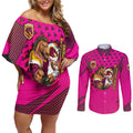 Custom Rugby Broncos Couples Matching Off Shoulder Short Dress and Long Sleeve Button Shirt Muscular Horse Mascot With Flag In Pink